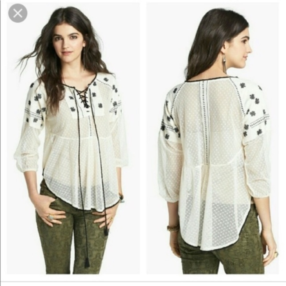 Free People Embroidered Gauzy Peasant Top Stardust - Picture 7 of 8